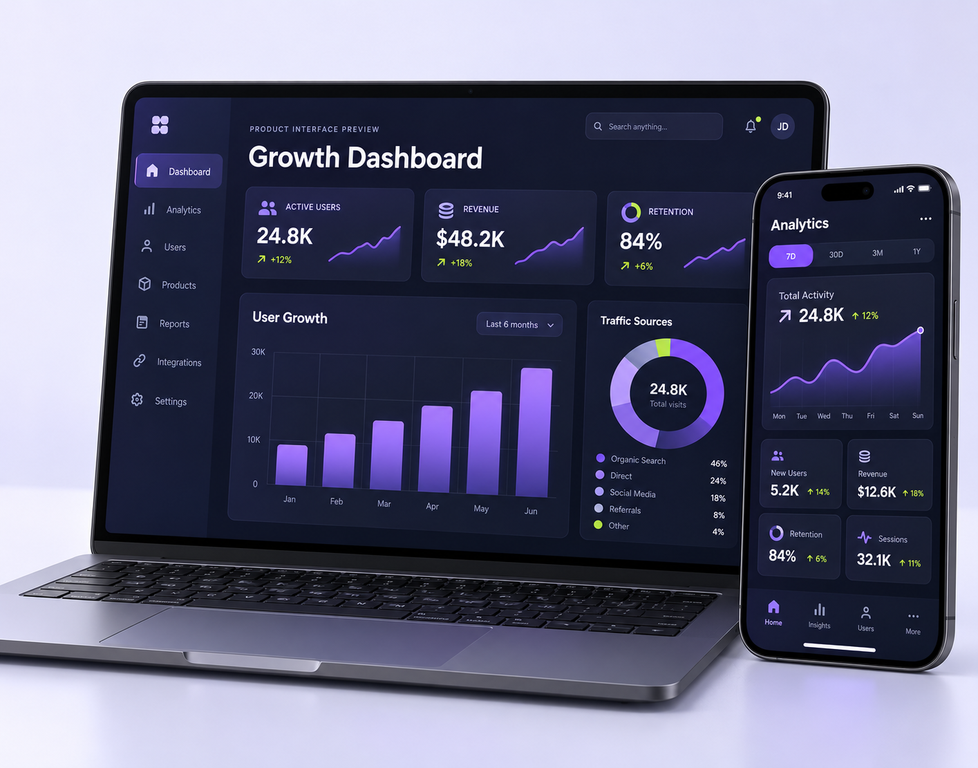 App Development 1 Illustrative mobile and desktop Growth Dashboard product interface