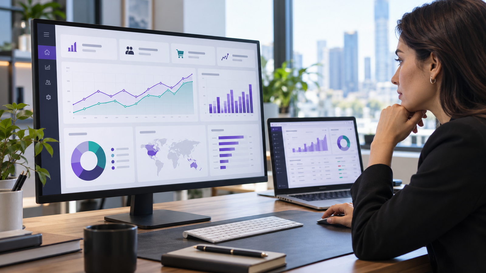 App Development 44 Business analyst reviewing reporting dashboards and charts on desktop and laptop screens