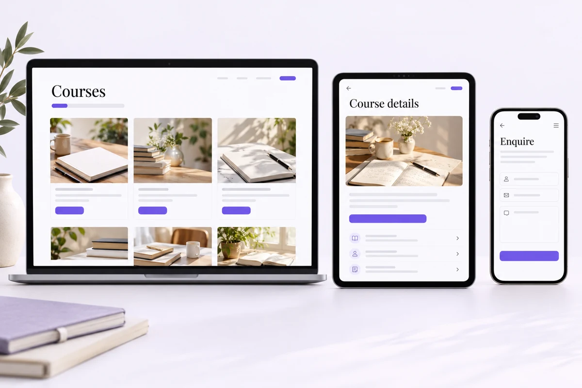 Course discovery, course details and enquiry interfaces across desktop, tablet and mobile.