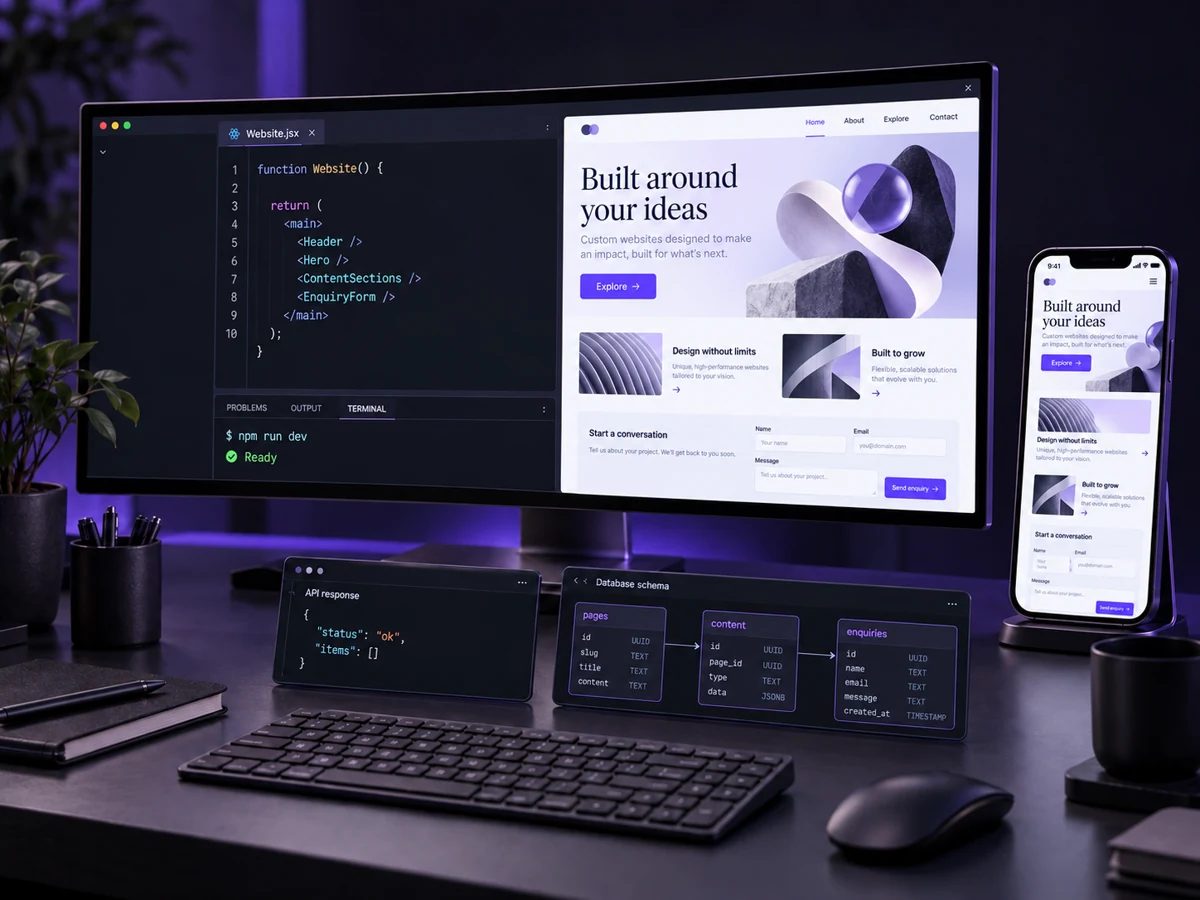Code editor alongside a responsive website preview, API response and database schema.