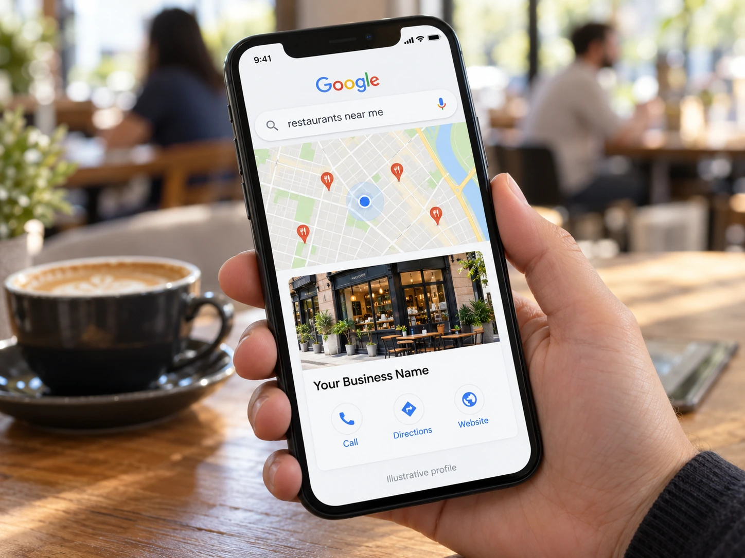 Illustrative Google Maps local search and business profile on a smartphone.