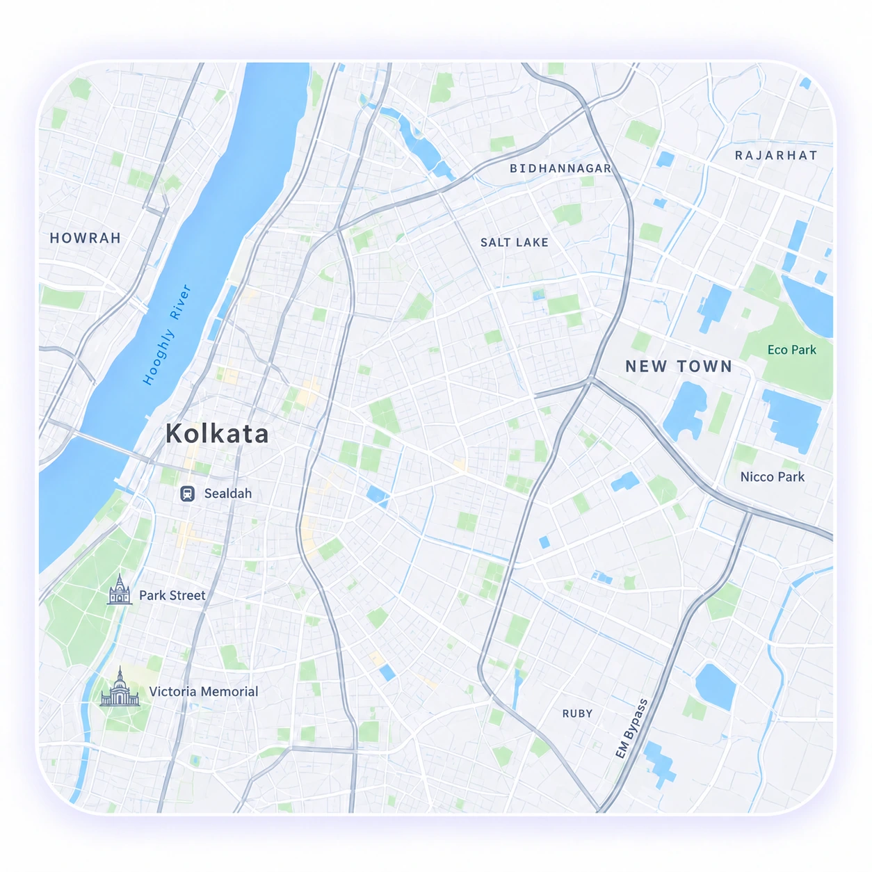Stationary illustrative neighborhood map of Kolkata and New Town.