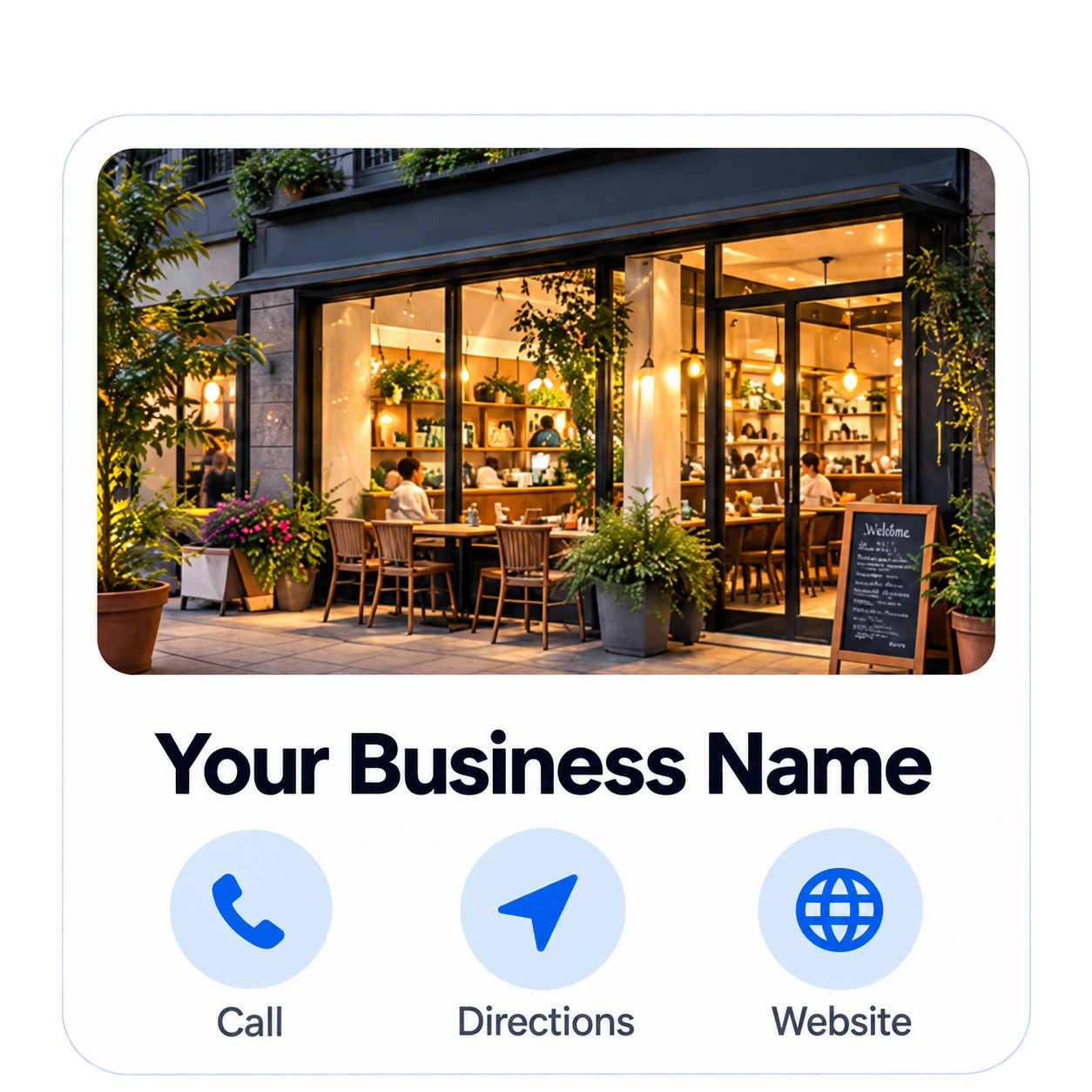 Illustrative business profile card with café photo and Call, Directions and Website actions.