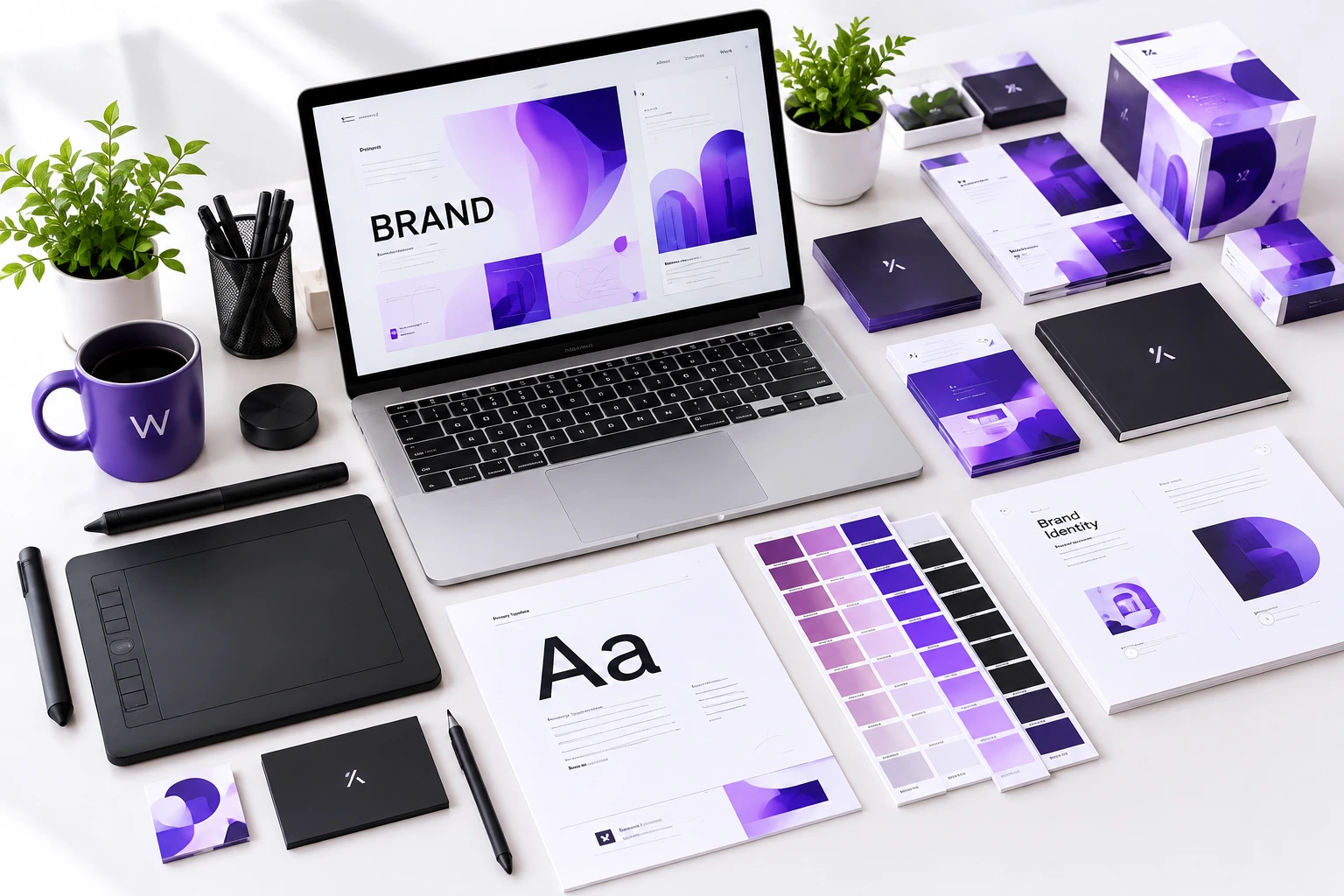 Graphic Design 1 Graphic design workspace with coordinated branding, typography, packaging and digital tools