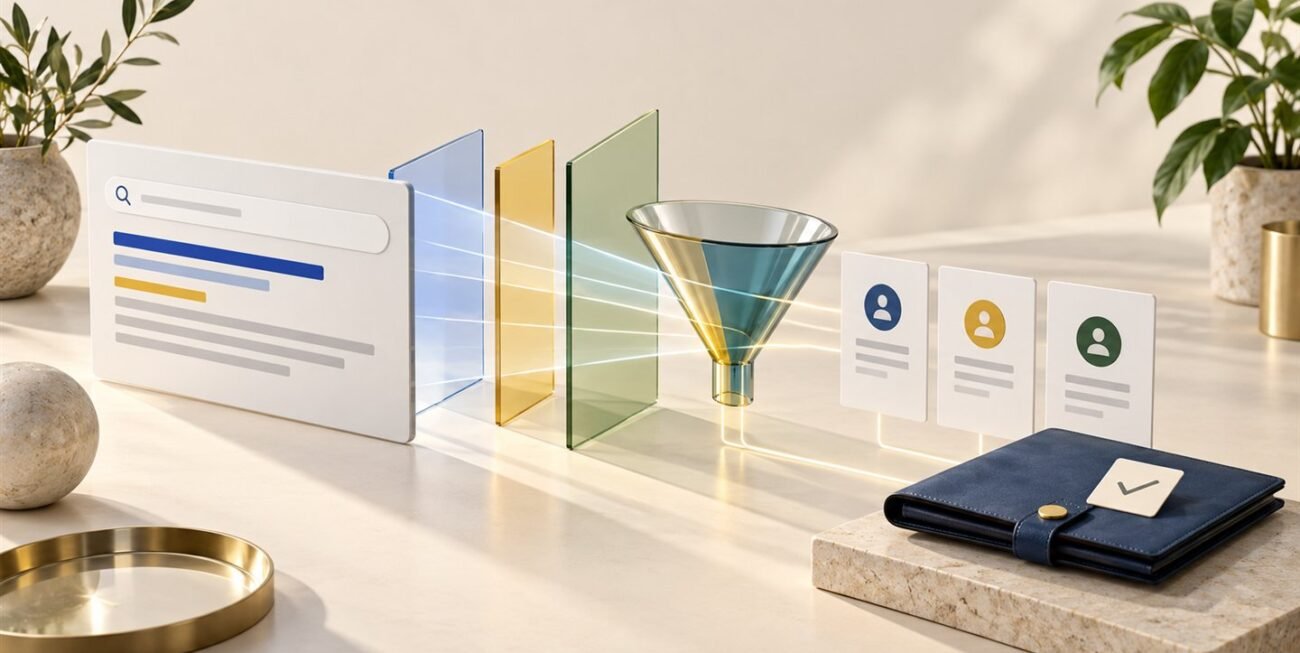 Search advertising journey leading to enquiry cards and a checked project brief