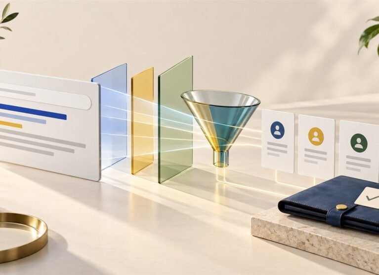 Search advertising journey leading to enquiry cards and a checked project brief