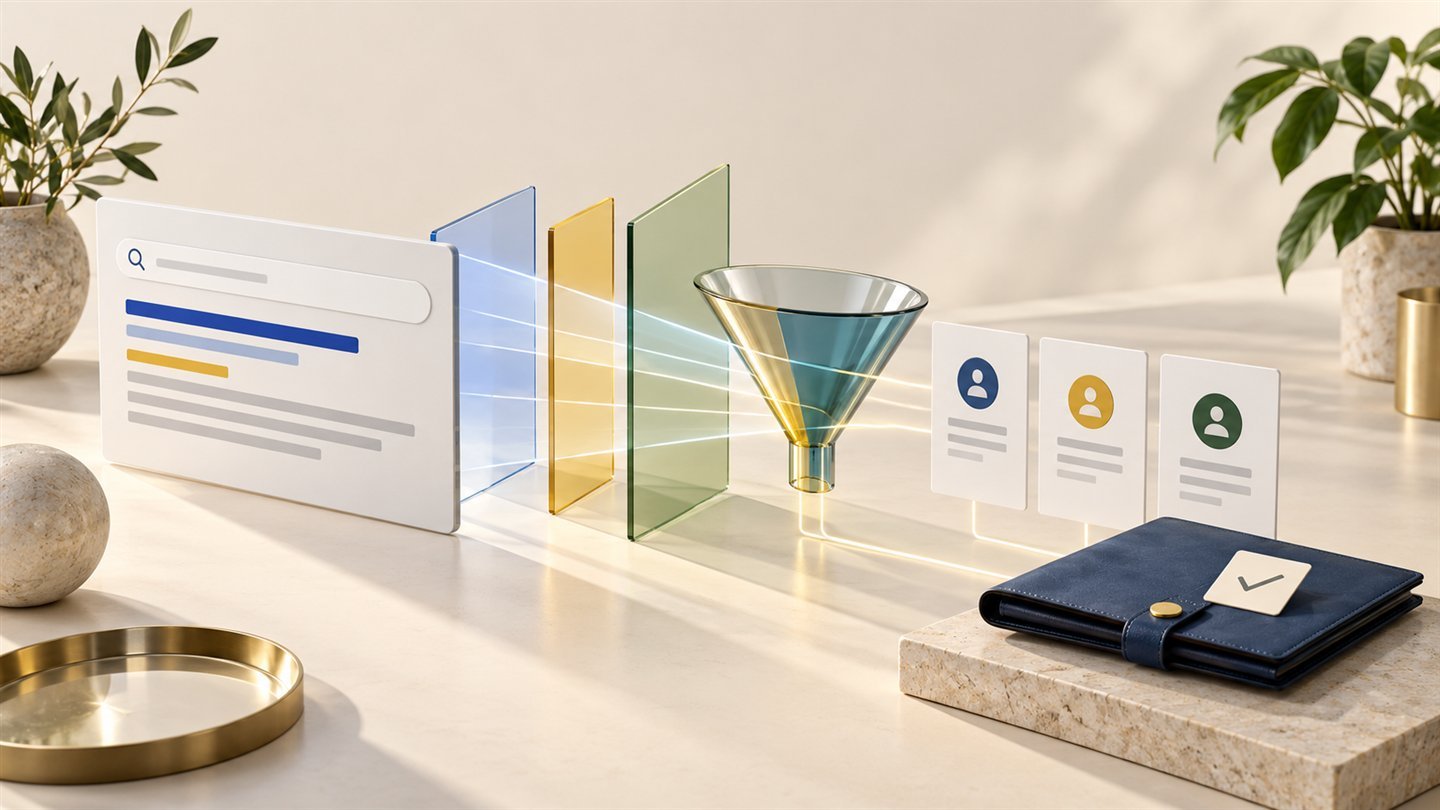 Search advertising journey leading to enquiry cards and a checked project brief