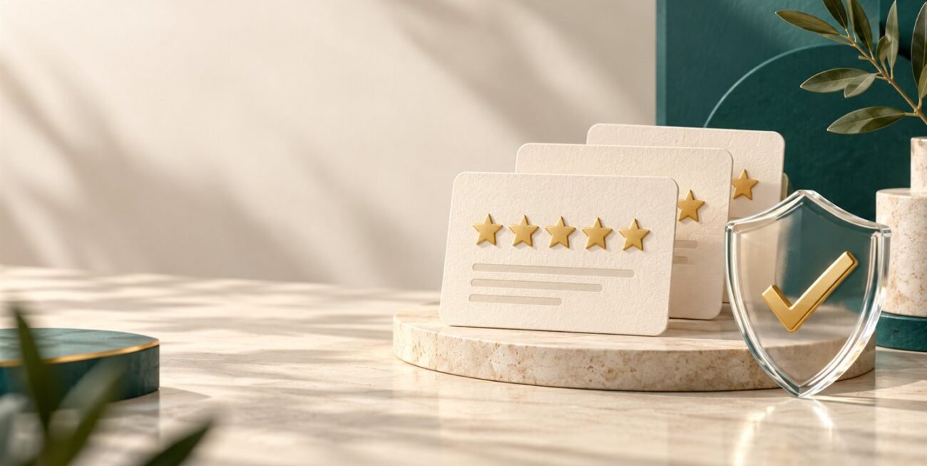 Review cards, stars and a protective shield illustrating genuine customer feedback