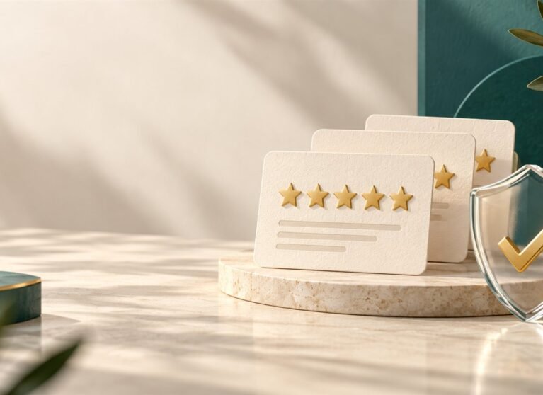 Review cards, stars and a protective shield illustrating genuine customer feedback