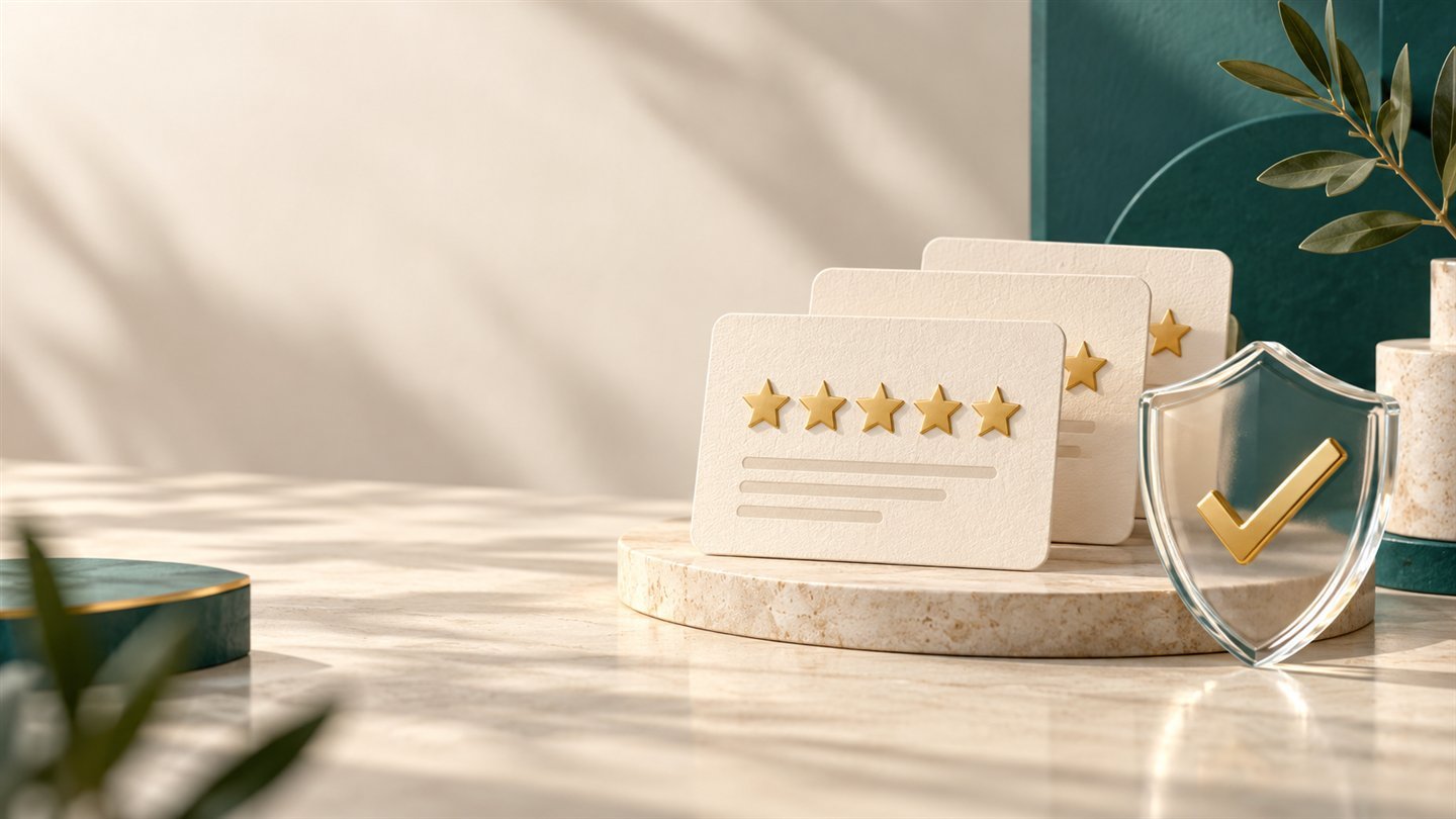 Review cards, stars and a protective shield illustrating genuine customer feedback