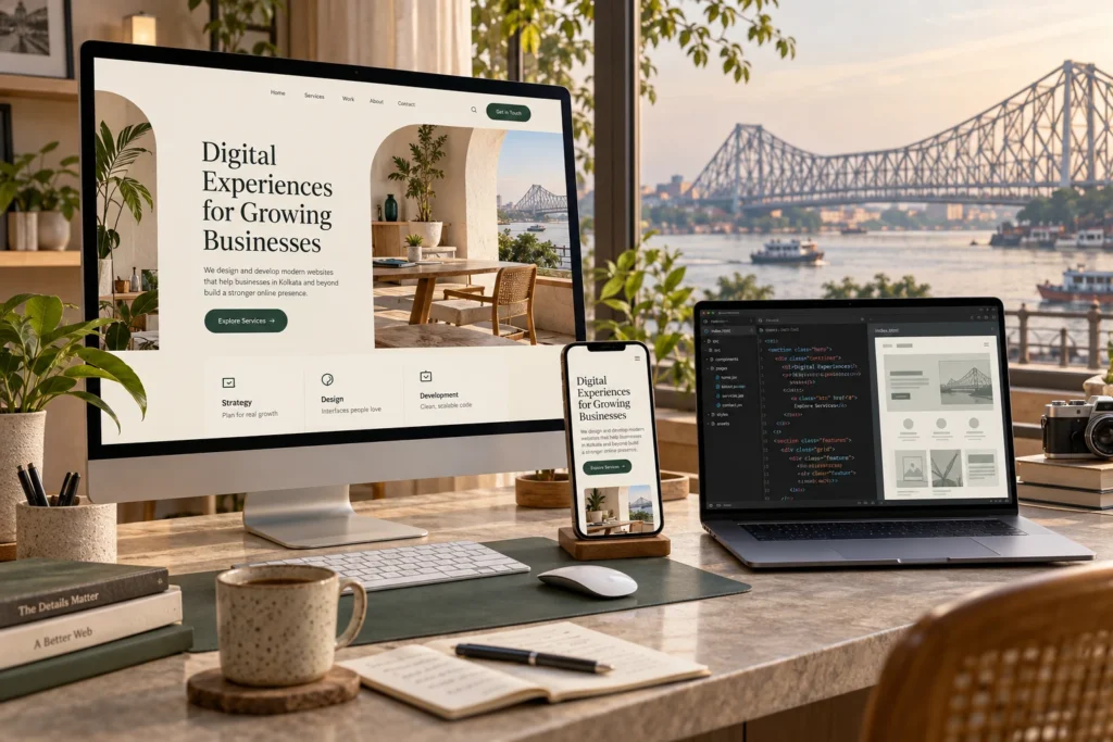 Responsive website screens and code editor with Kolkata’s Howrah Bridge in the background