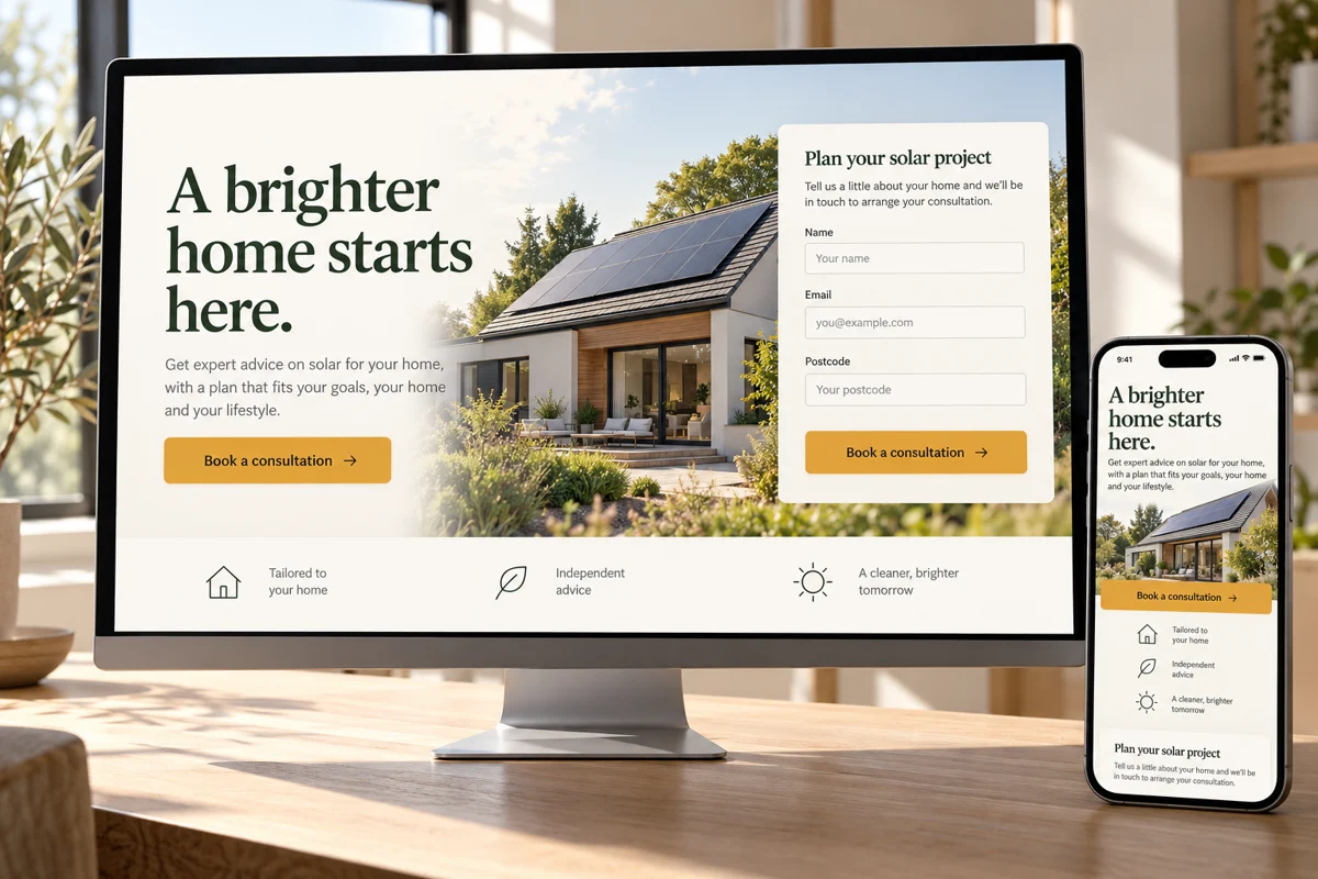 A focused landing page on desktop and mobile, with a clear consultation offer and enquiry form.