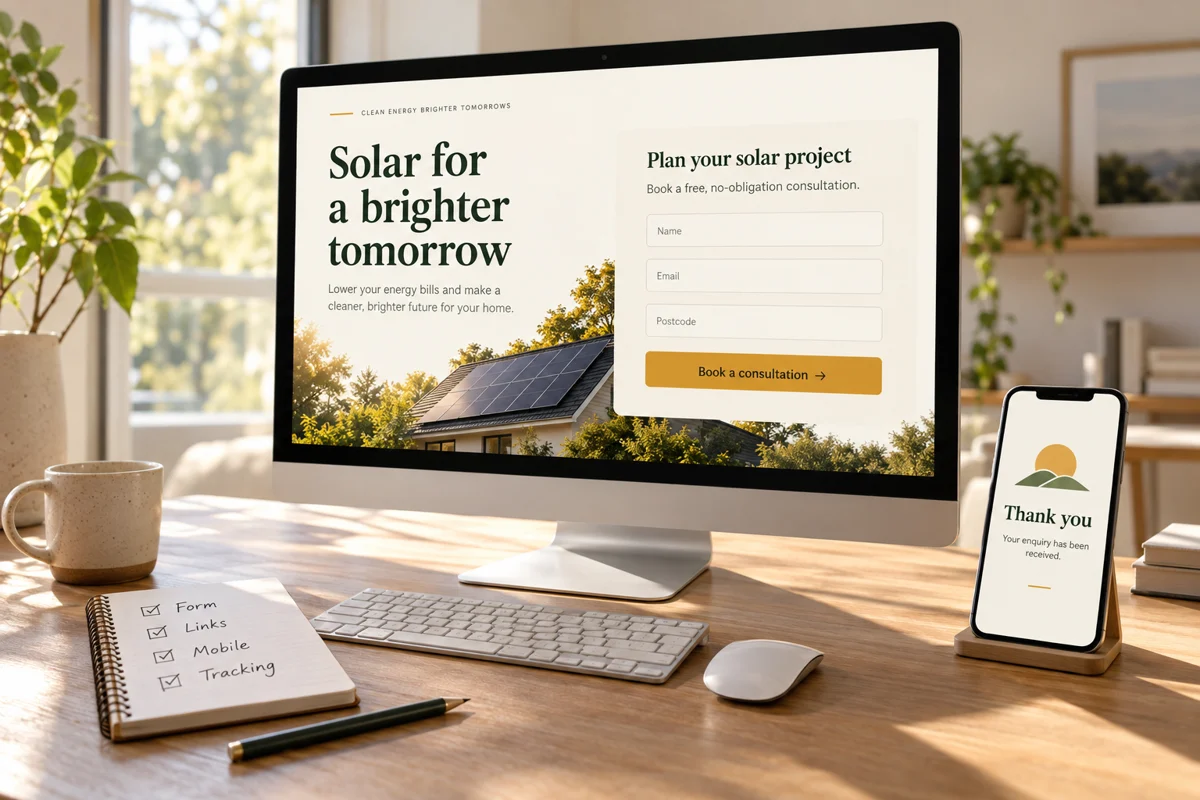 Landing-page enquiry form, confirmation screen and checklist for form, links, mobile and tracking.