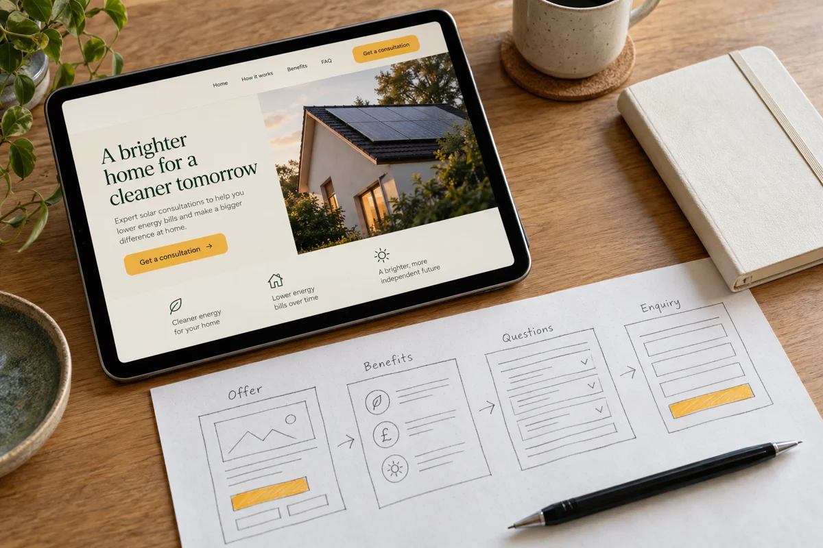 Landing-page storyboard with offer, benefits, questions and enquiry wireframes beside a tablet.