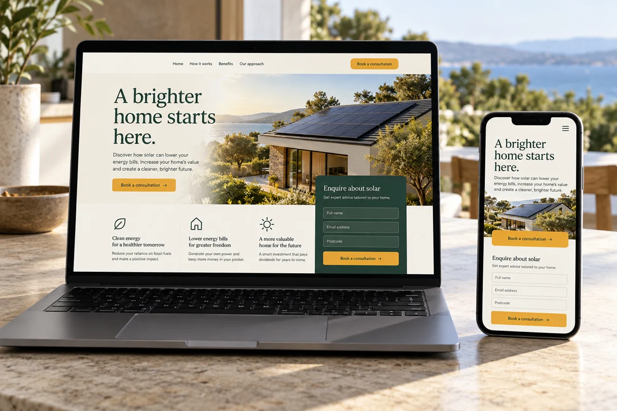 Matching landing-page layouts on laptop and mobile with a clear call to action and enquiry form.