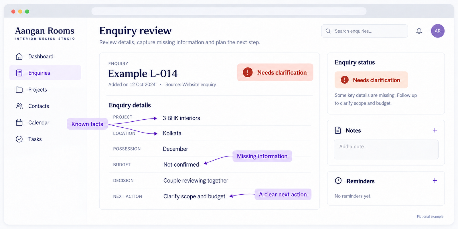 Lead Qualification: How to Find Enquiries Worth Following Up 1 Fictional Aangan Rooms lead qualification record showing known facts, an unconfirmed budget and the next action