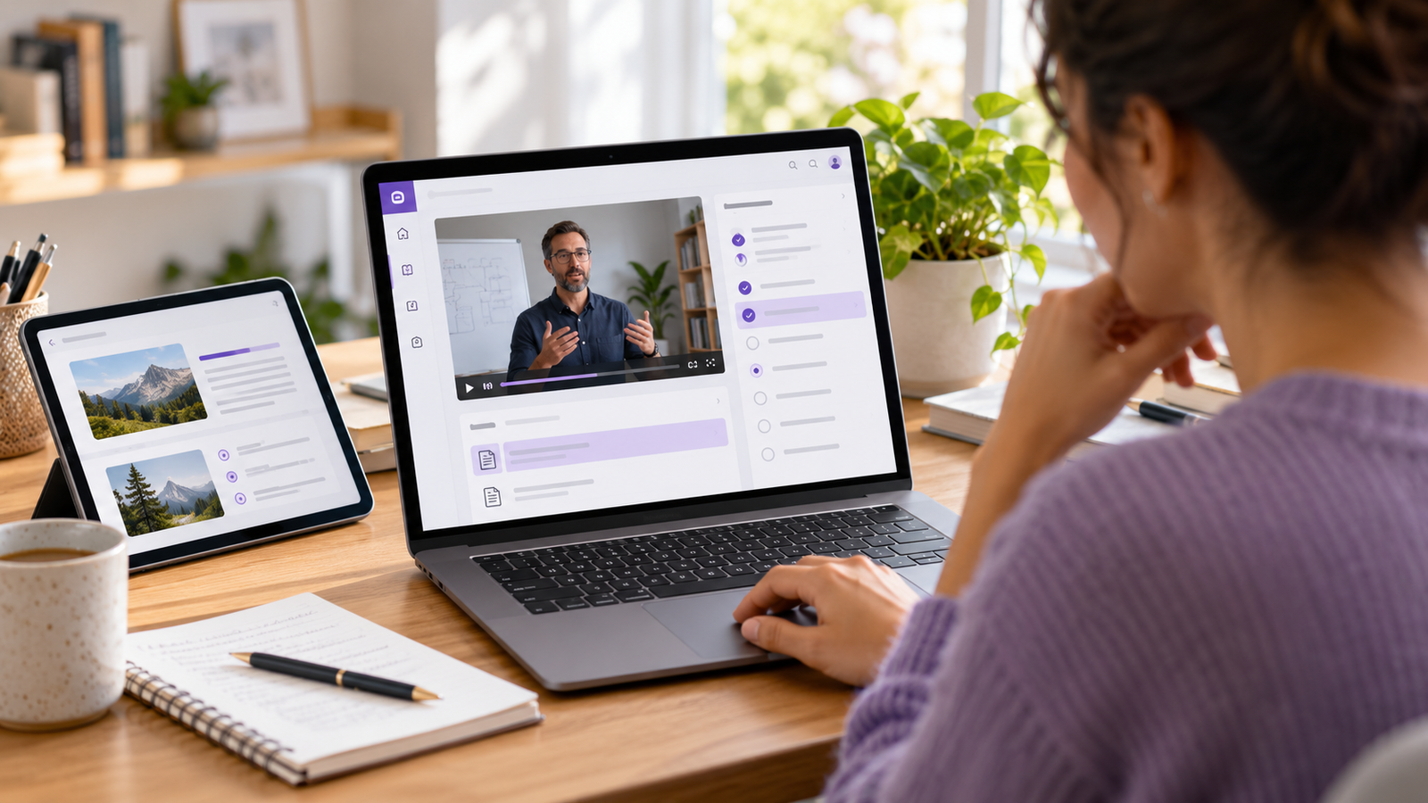 App Development 42 Learner using an online learning platform with video lessons and course modules