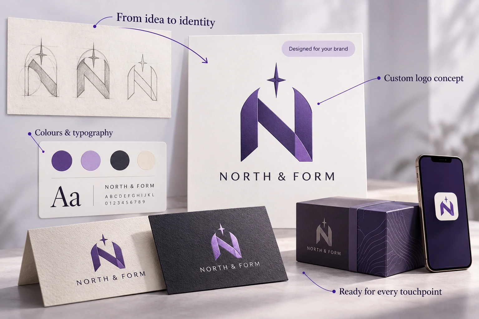 Logo Design 1 Illustrative North & Form logo concept, from initial sketches to brand applications