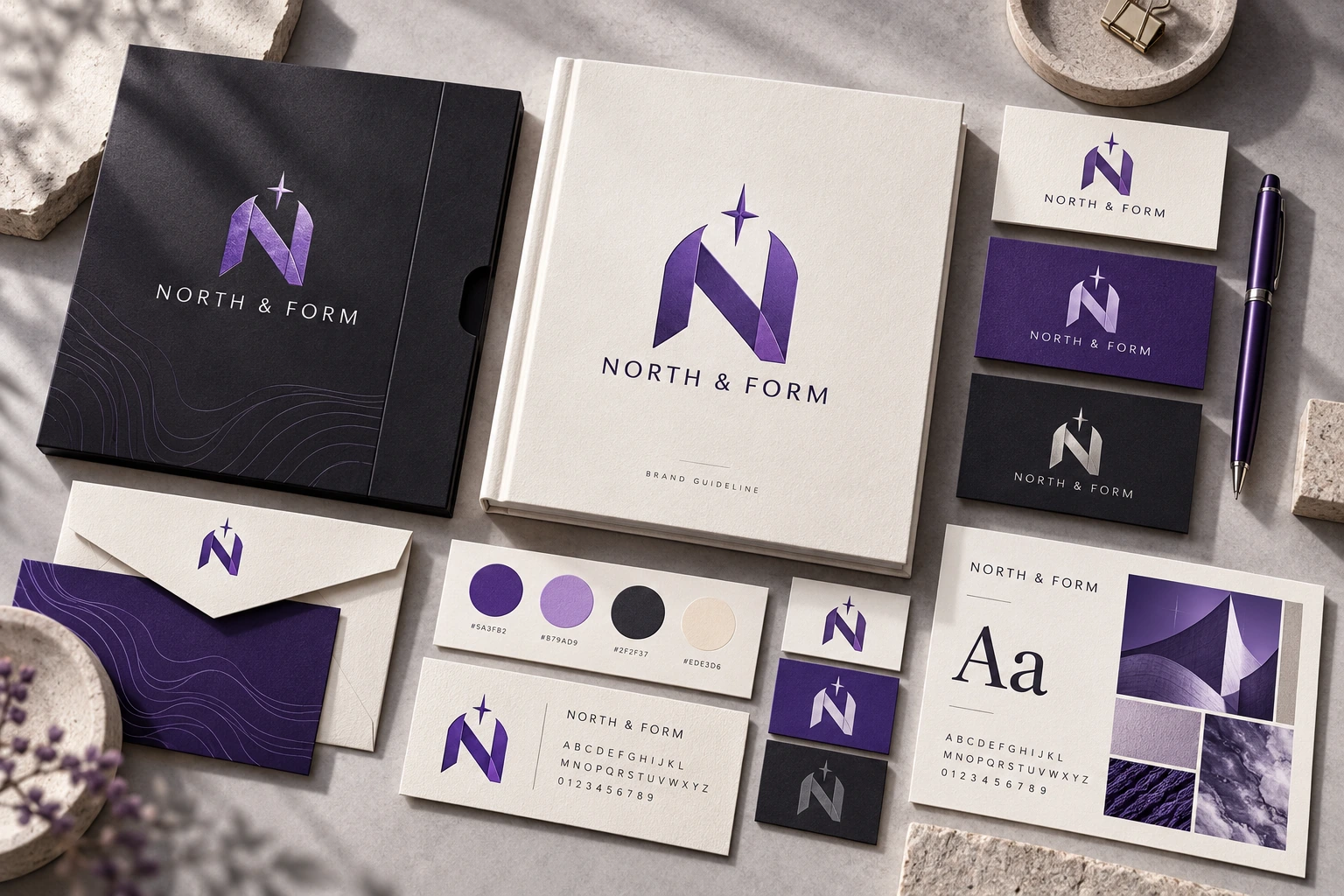 Logo Design 2 Illustrative North & Form brand identity kit with logo, colours, typography and stationery