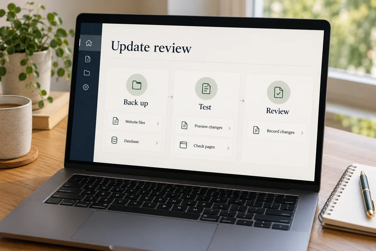 Website Maintenance 3 Website maintenance workflow showing backup, testing and change review on a laptop.