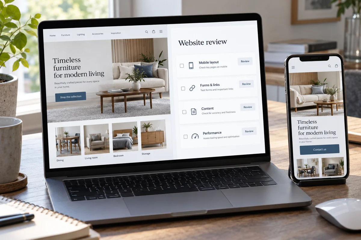 Website Maintenance 2 Laptop and mobile website review with checks for layout, forms, content and performance.