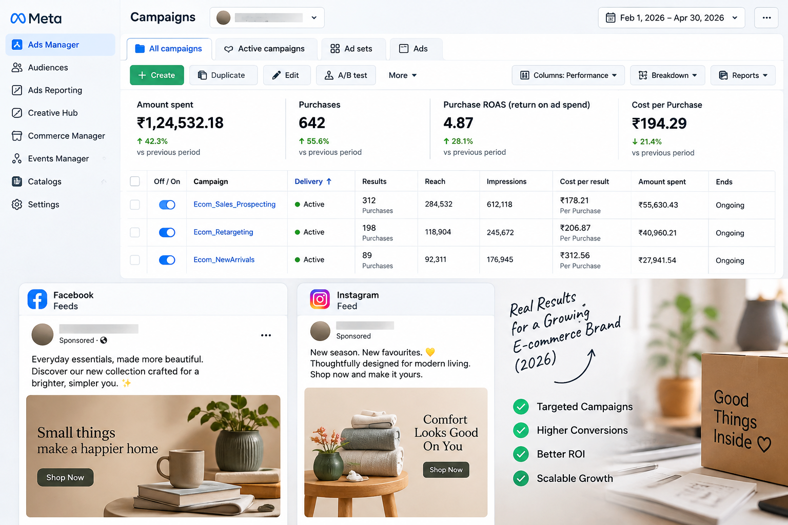 Social media marketing workspace for Facebook and Instagram ads