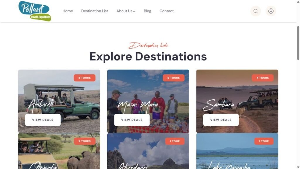 Pollant Travels destination pages screenshot