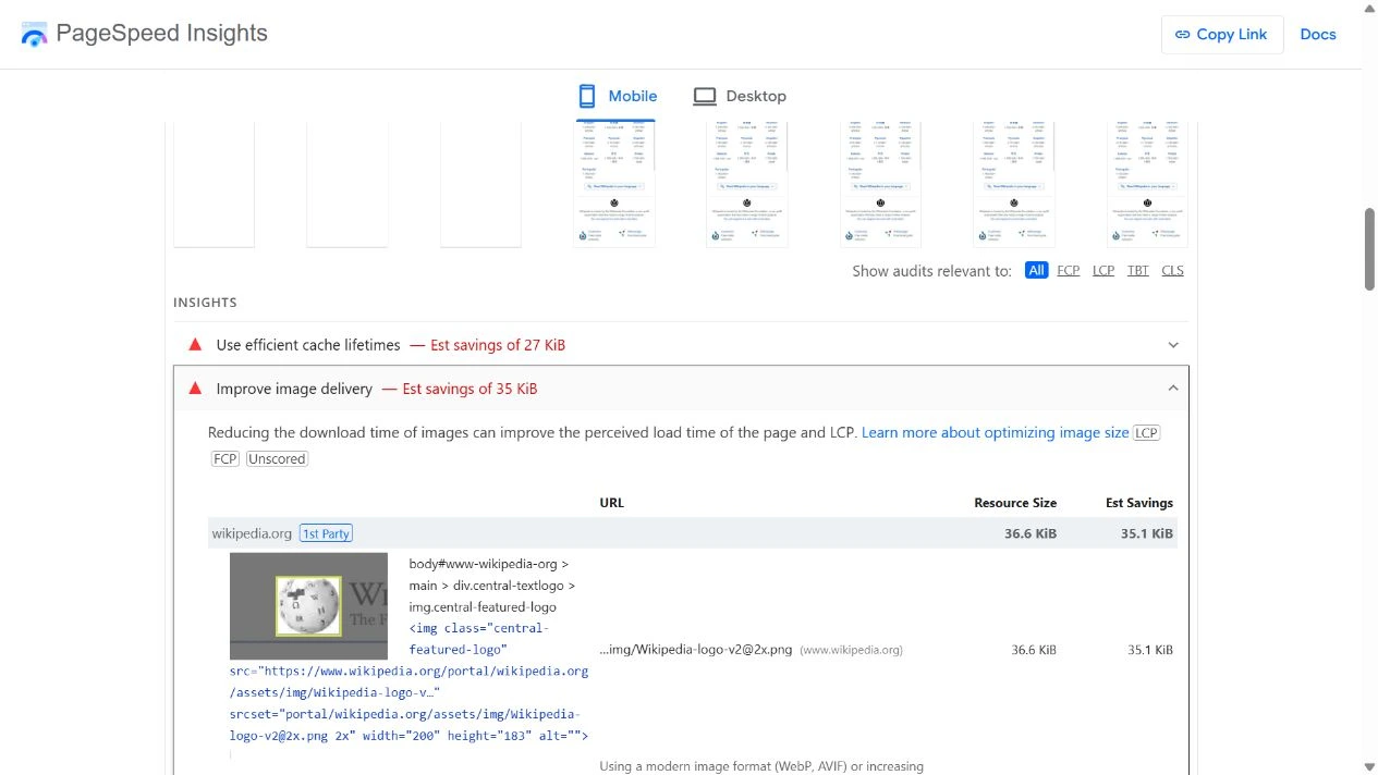 Actual PageSpeed Insights mobile image-delivery audit of Wikipedia showing its page-loading filmstrip and image resource analysis.