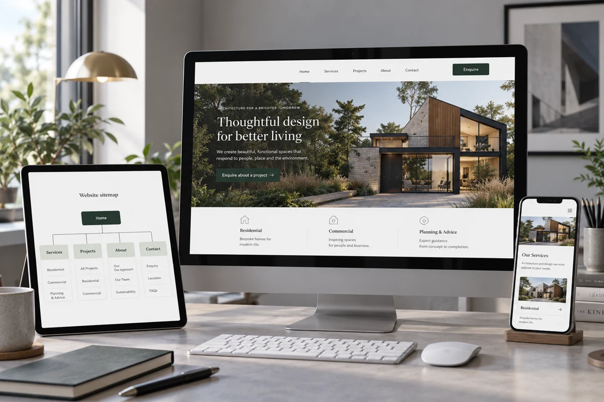 Redesigned desktop website beside a planned sitemap and matching mobile service page.