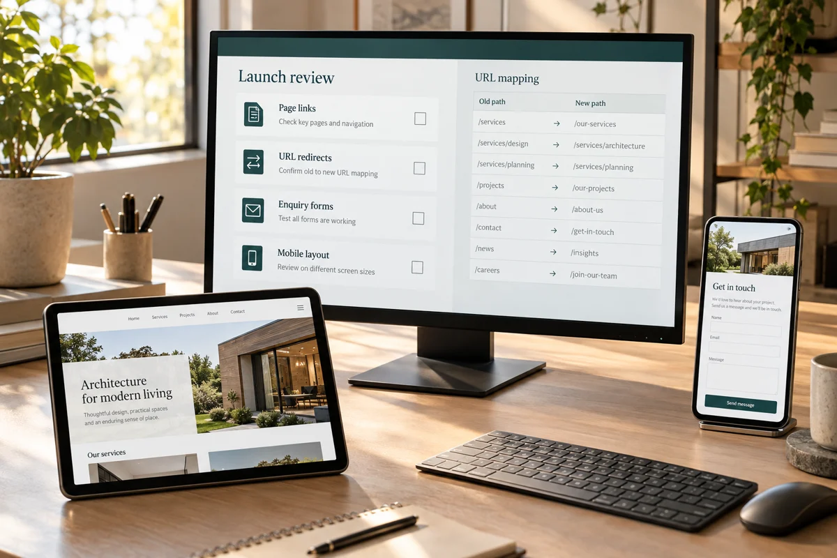 Website launch review with URL redirect mapping, a contact form and responsive page checks.