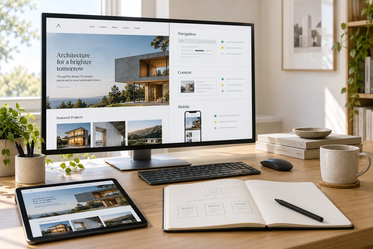 Existing website reviewed alongside navigation, content and mobile notes, with a sitemap notebook.