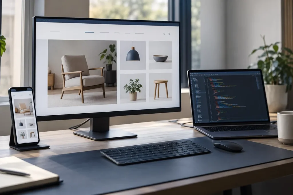 Website reviewed on desktop and mobile alongside a code editor