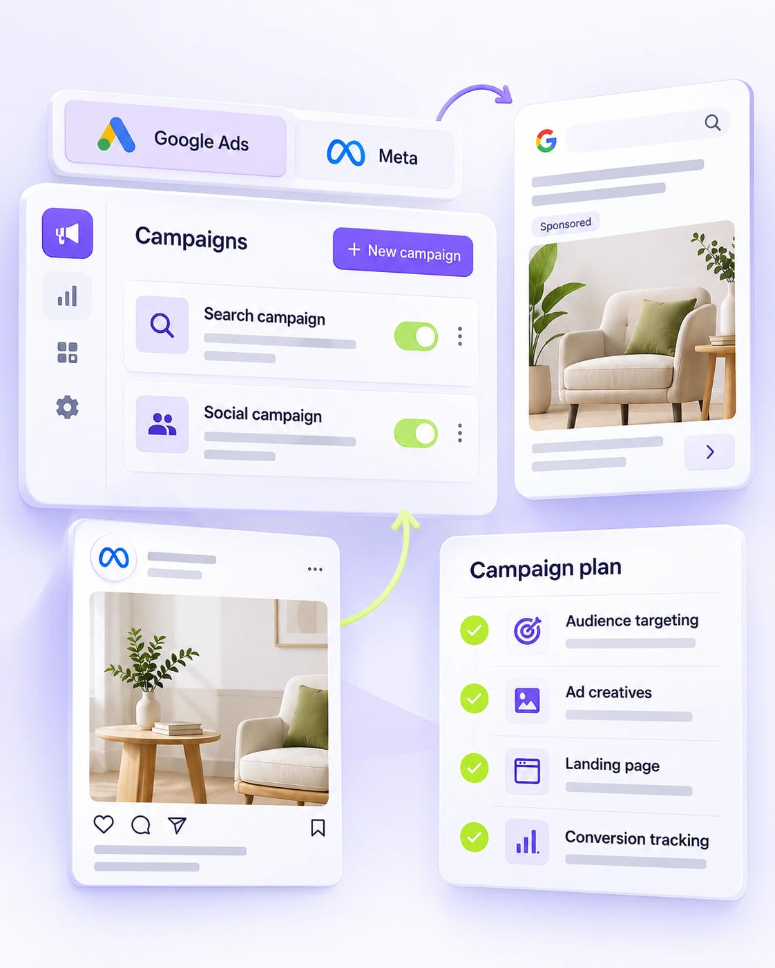 Illustrative Google Ads and Meta campaign management workspace
