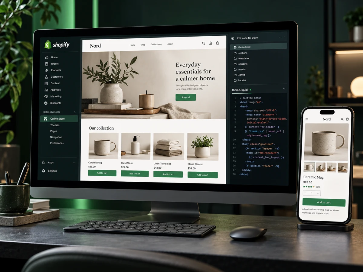 Shopify storefront and theme customization on desktop with a responsive mobile product page.