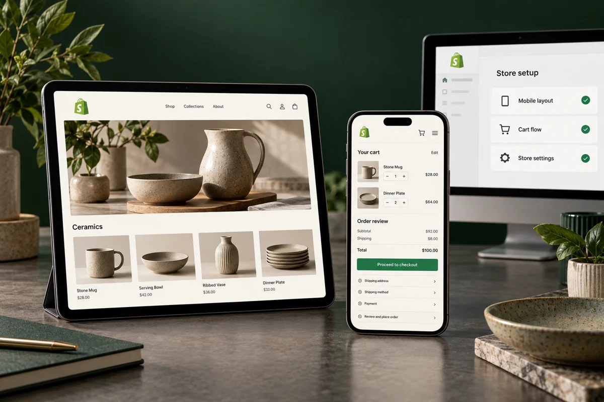 Shopify storefront on tablet and mobile with a cart review and store testing checklist.