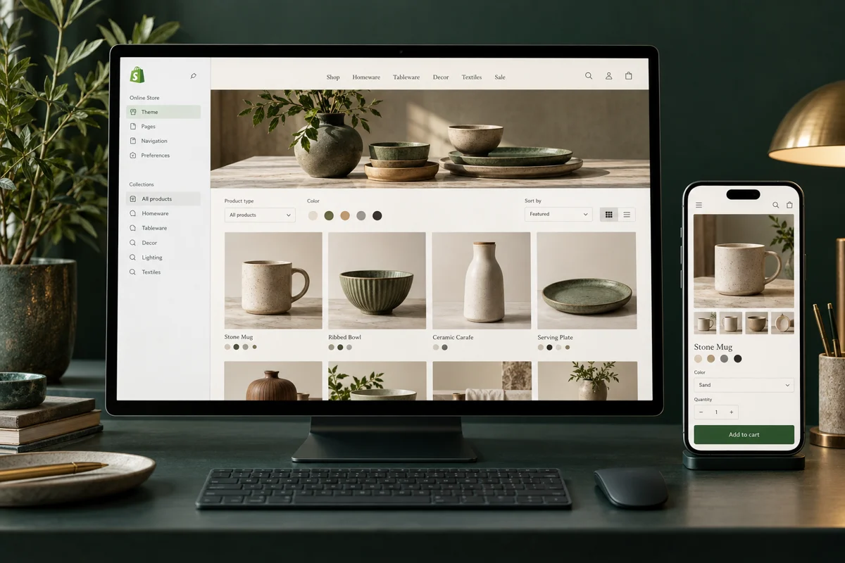 Shopify product collection with filters and a responsive mobile product detail page.