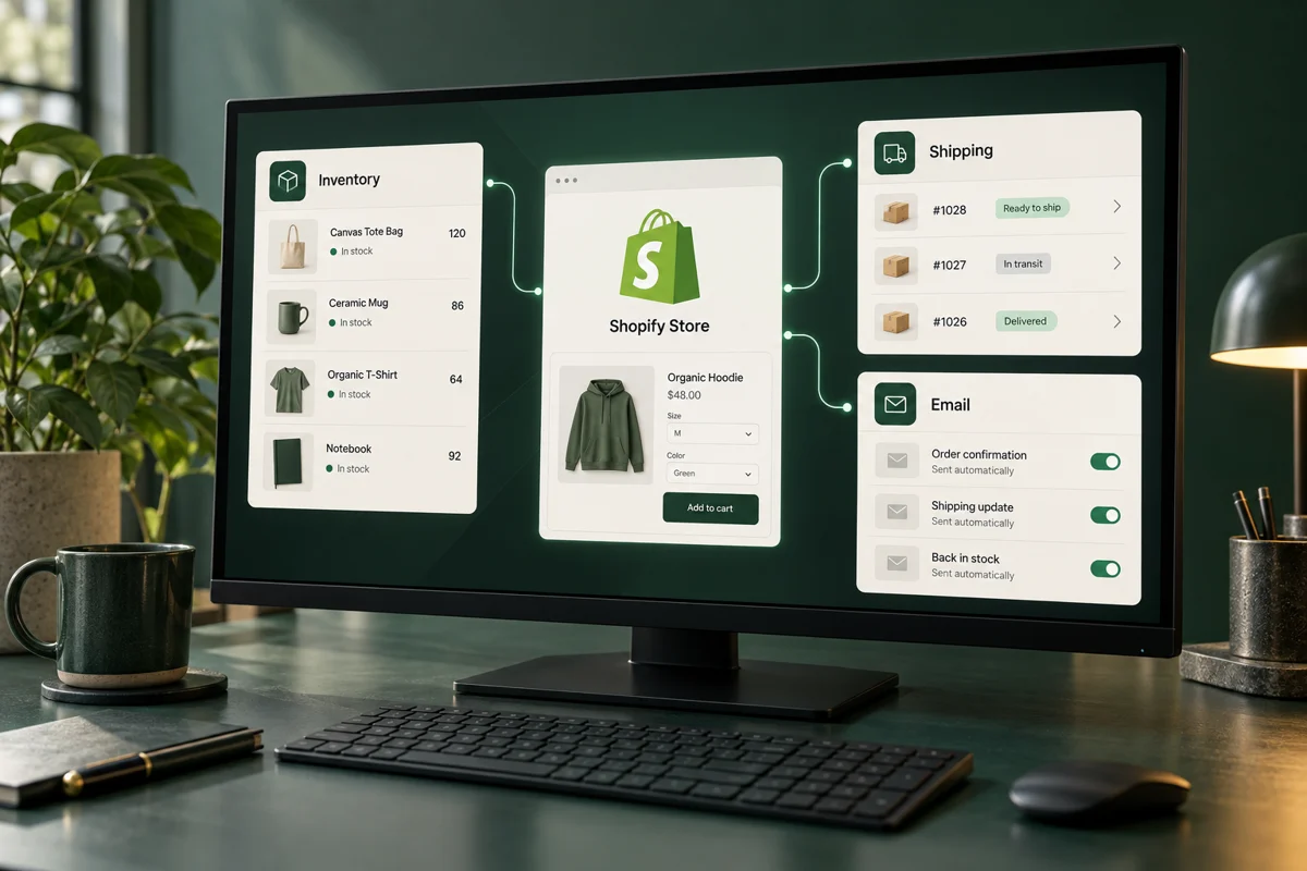 Shopify store workspace connected to inventory, shipping and email panels.