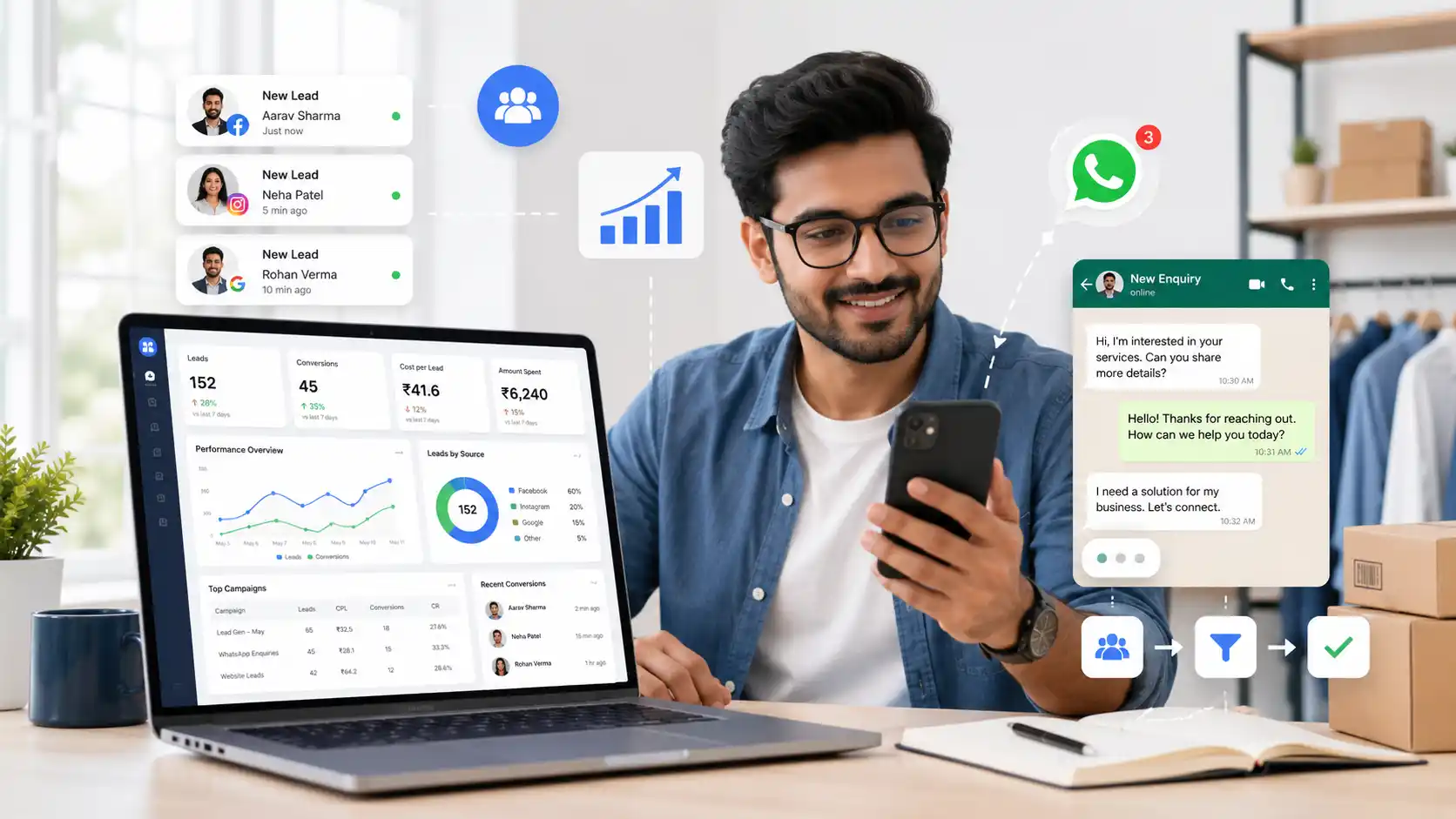 Website That Converts Ad Clicks Into Leads 4 Small business owner tracking website leads from paid ads