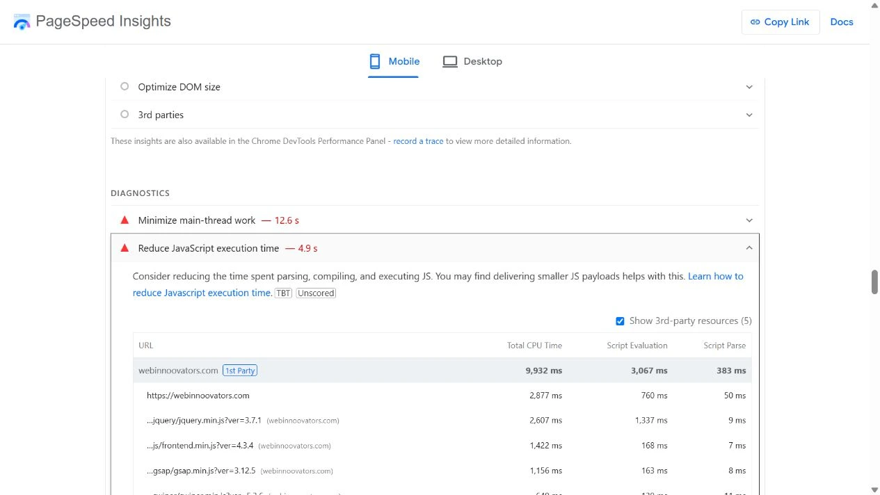 Actual PageSpeed Insights JavaScript execution diagnostic for the Webinnovators homepage, listing script evaluation and CPU time, captured 8 October 2026.