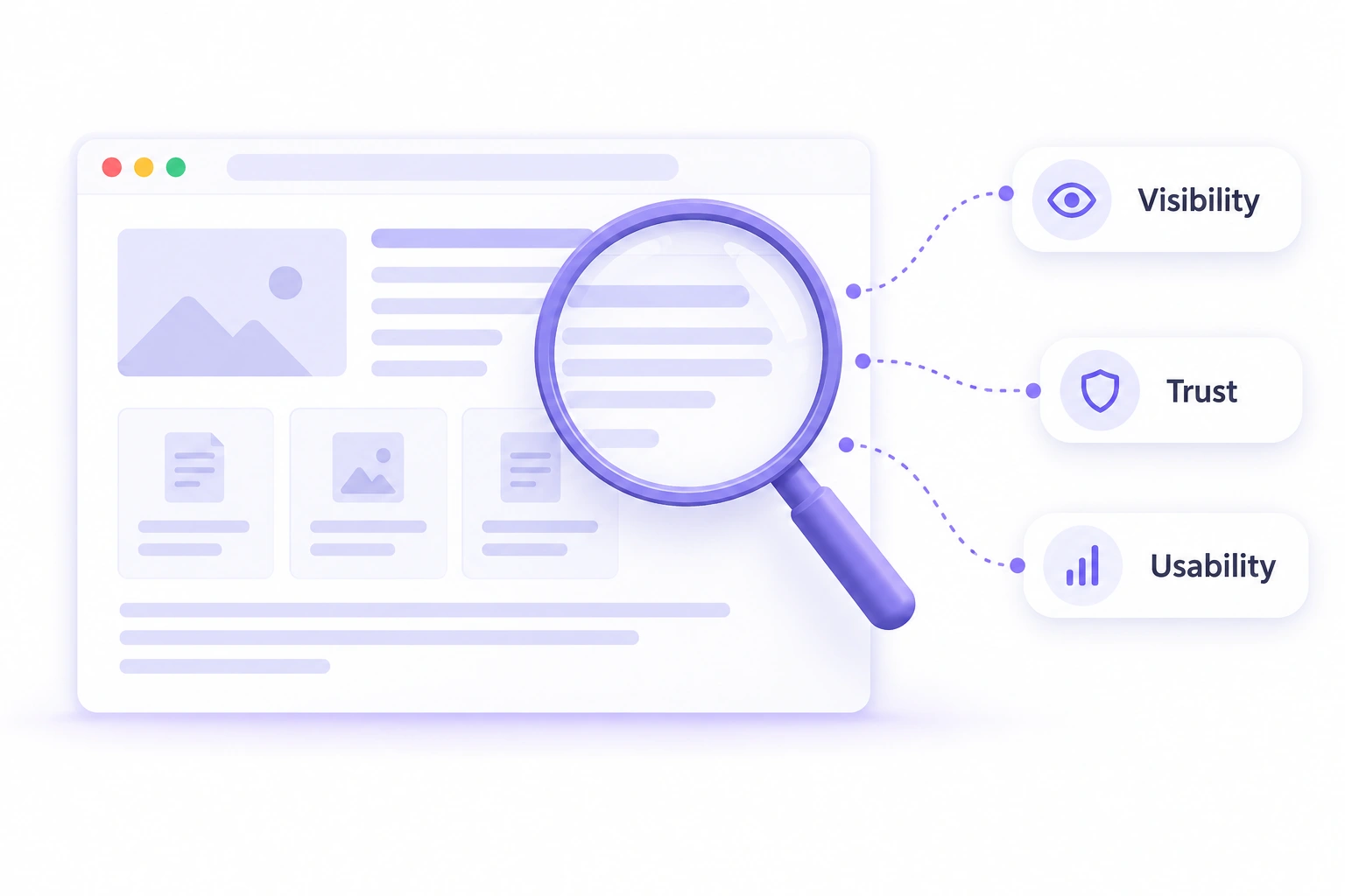 Website diagnostic illustration explaining visibility, trust and usability.