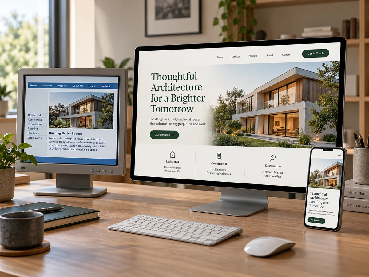 An outdated website redesigned into a modern desktop and responsive mobile experience.
