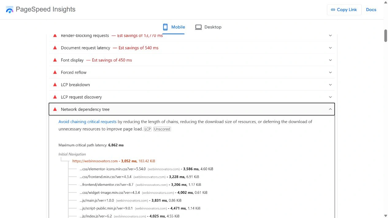 Actual Google PageSpeed Insights mobile report for webinnoovators.com showing network dependencies and loading diagnostics, captured on 8 October 2026.