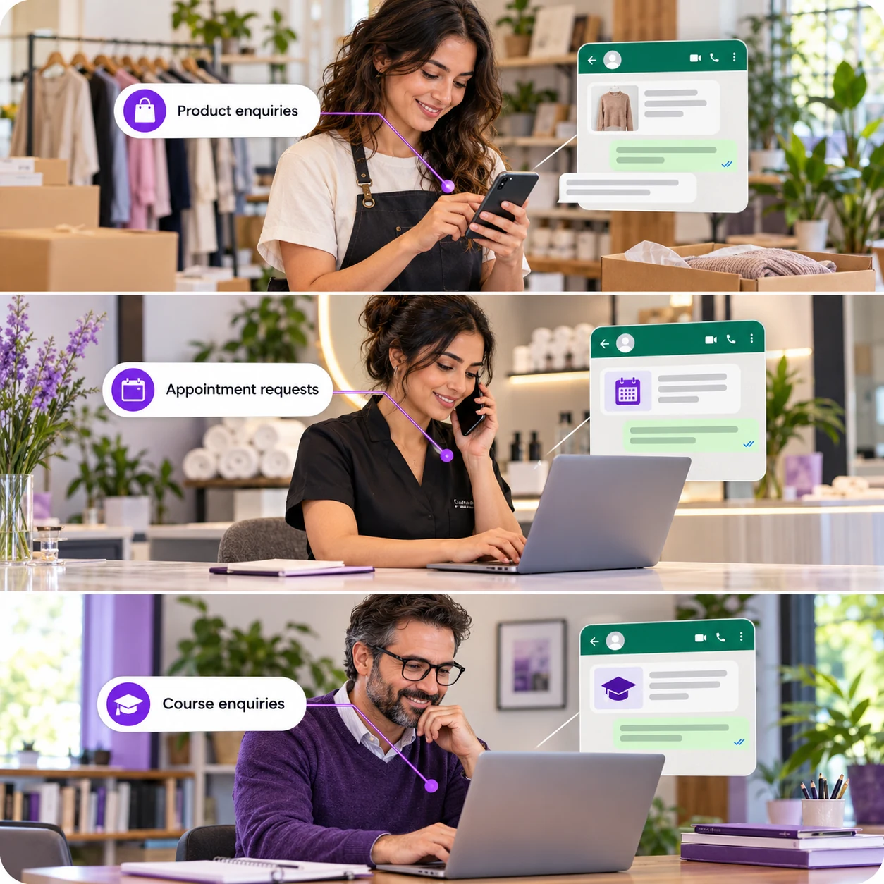 Illustrative product, appointment and course enquiry scenarios with labelled WhatsApp callouts