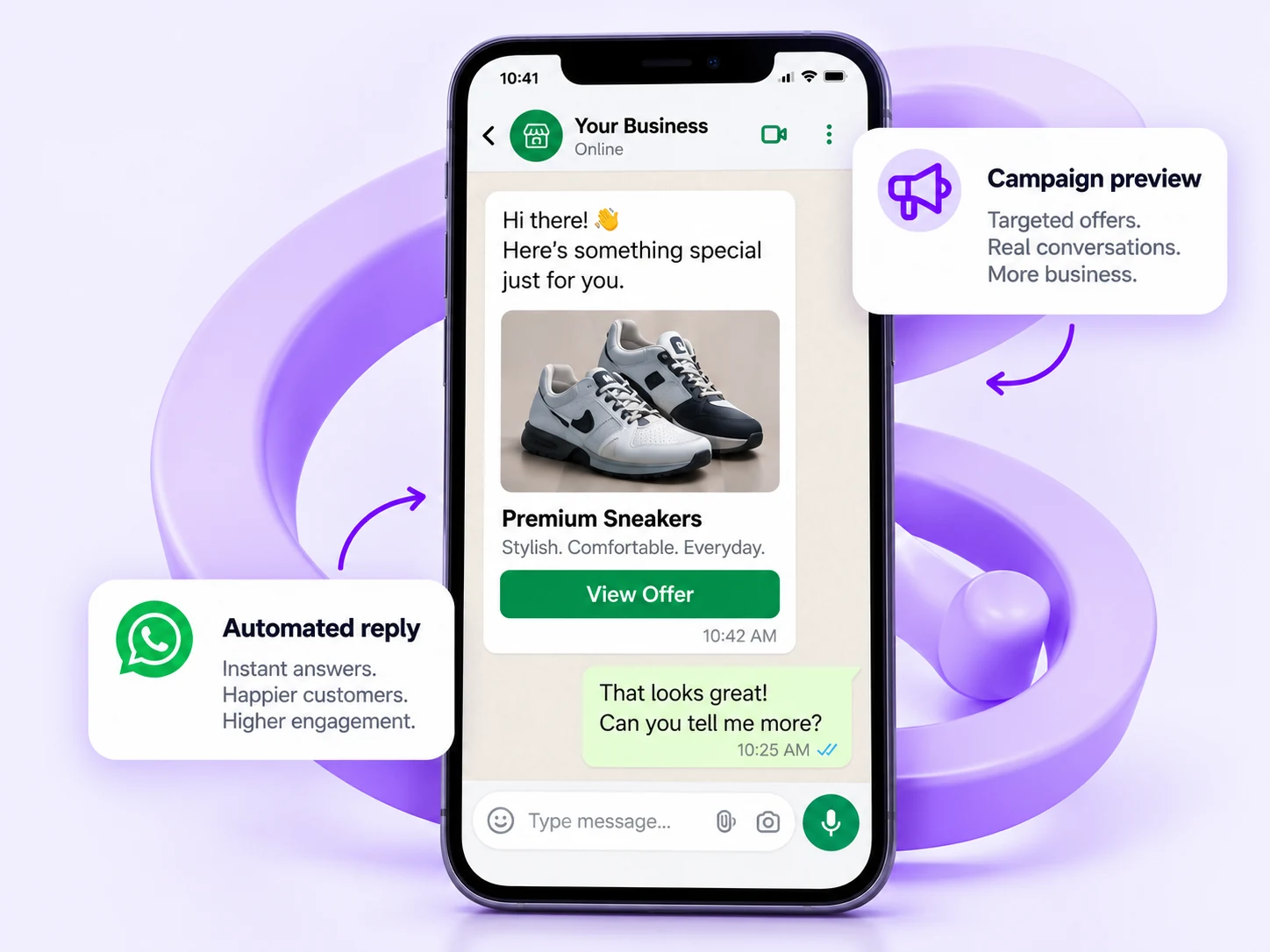 Illustrative WhatsApp campaign with grey sneakers, campaign preview and automated reply callouts