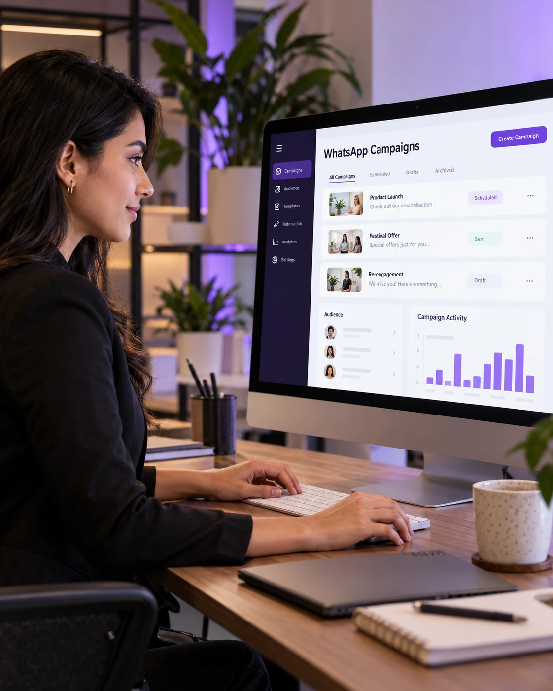 Campaign manager working at a desktop WhatsApp campaign dashboard