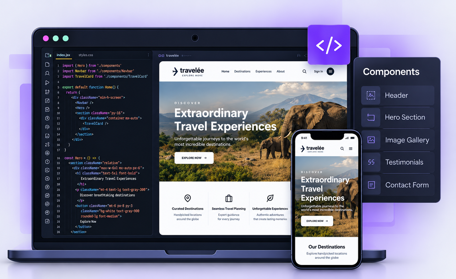 Custom-coded website, CMS, responsive preview and quality-assurance development workspace