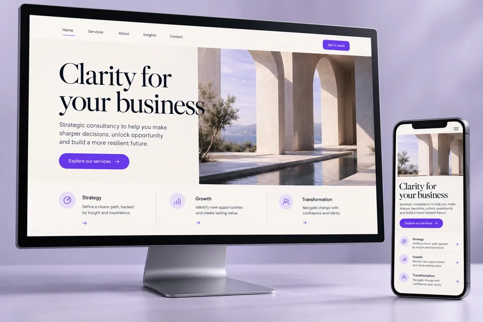 Business website with service pages displayed on desktop and mobile