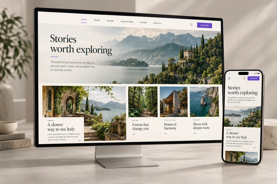 Editorial blog website with featured articles displayed on desktop and mobile