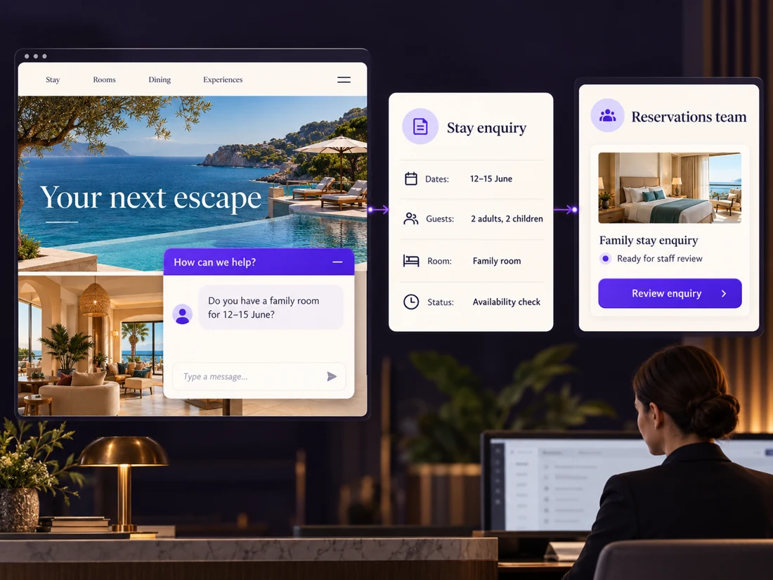 Hotel website assistant captures family stay requirements and passes the enquiry to reservations staff for review
