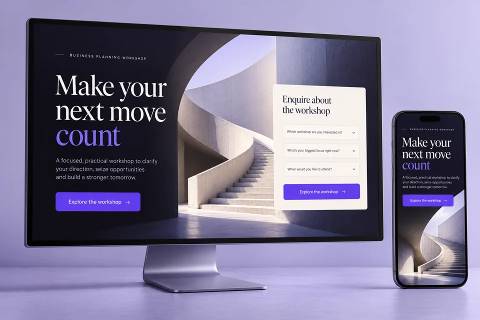 Workshop landing page with an enquiry form displayed on desktop and mobile